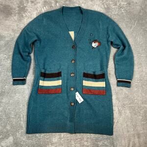 100% Wool Longline Cardigan‎ Sweater Women’s L Novelty Knit Whimsical Korea NWT